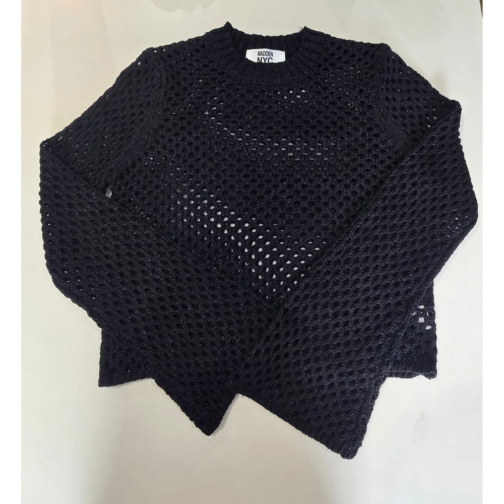 Madden NYC Black Metallic Open Knit Crochet Sweater Long Sleeve Small